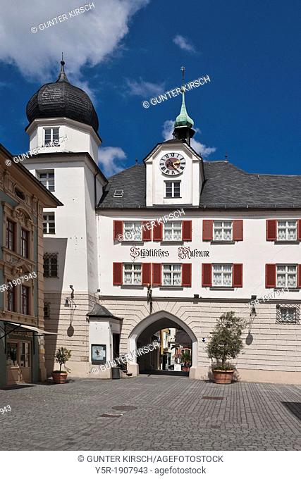 View from Max-Josefs-Platz to Mittertor with town museum, Rosenheim, Upper Bavaria, Bavaria, Germany, Europe
