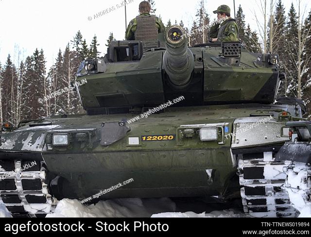 Leopard 2 tank shown at a press conference at the Norrbotten Regiment I19 in Boden Sweden, 24 February 2023, in connection with the first anniversary of the...