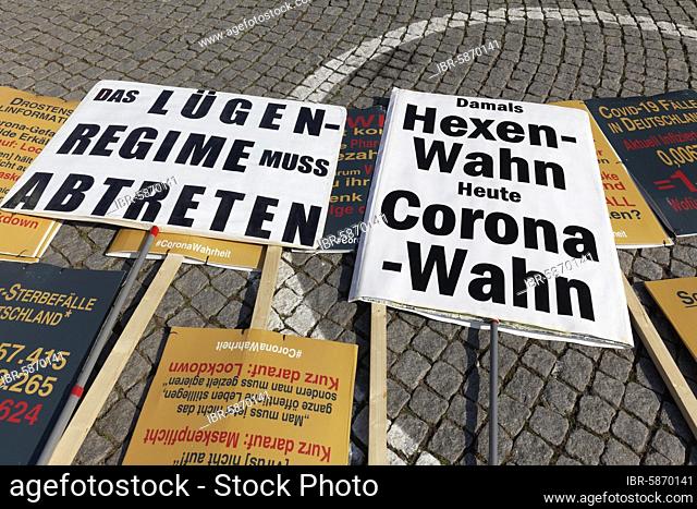 Witch Madness Corona Madness, Corona Criticism, banners of an anti-mask demo on the Burgplatz in Düsseldorf, Düsseldorf, North Rhine-Westphalia, Germany, Europe