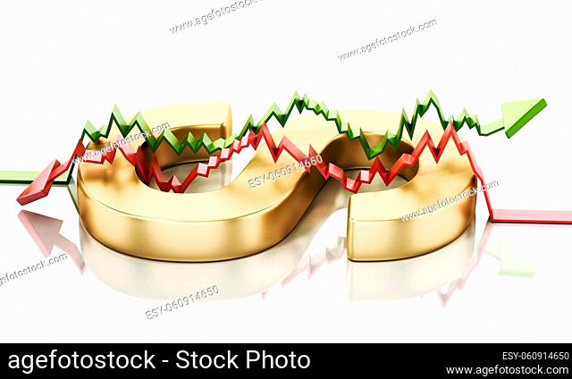 Rising and falling statistic arrows forming a dollar sign with letter S. 3D illustration