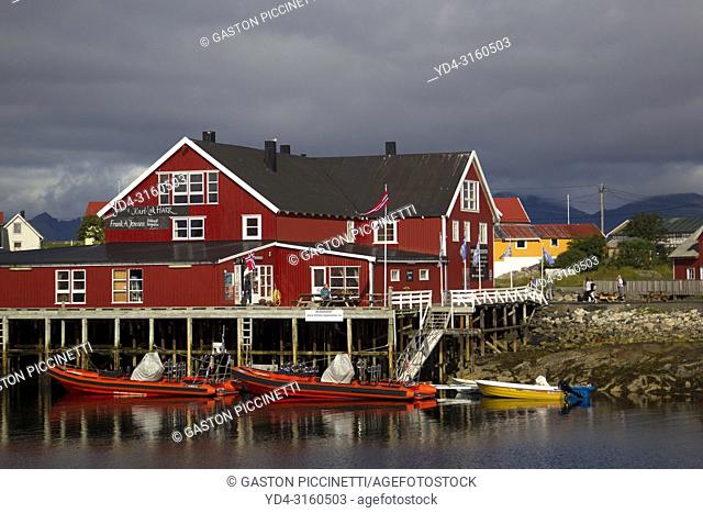 Reine, Sørvågen, Moskenesøya island, Lofoten, Nordland county, Norway. Reine is a fishing village and the administrative centre of the municipality of Moskenes...