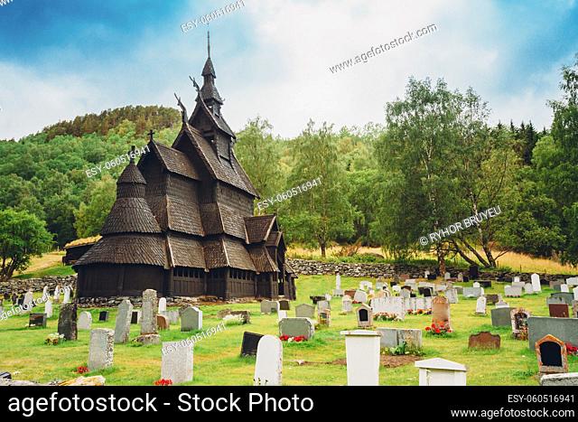 Borgund, Norway. Famous Landmark Stavkirke An Old Wooden Triple Nave Stave Church In Summer Day