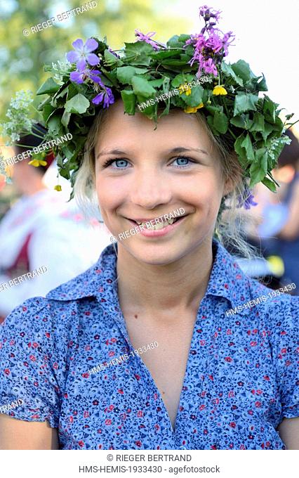 Sweden, Dalarna County, Leksand area, Midsummer celebrations in the tiny hamlet of Hjulback, crown of flowers for unmarried girls