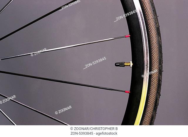 Portion of Front Bike Wheel Spokes Tire