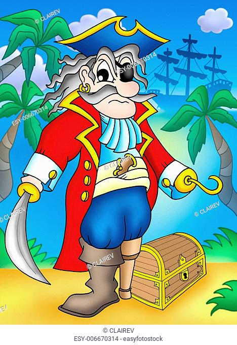 Noble pirate with treasure chest - color illustration