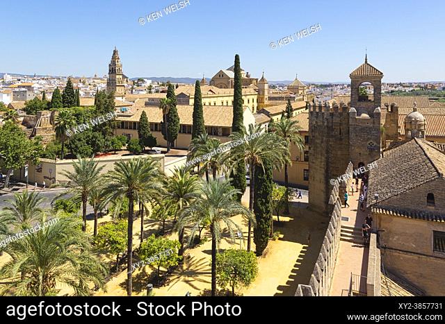 View over the old city from the walls of the Alcazar de los Reyes Cristianos, Cordoba, Cordoba Province, Andalusia, Spain