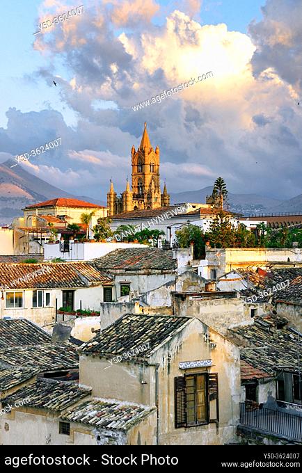 In foreground architecture of old town of Palermo, In background towers of Roman Catholic Archdiocese of Palermo, Cathedral dedicated to the Assumption of the...