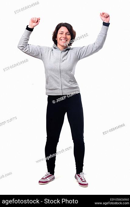 full portrait woman happy and arms up on white background