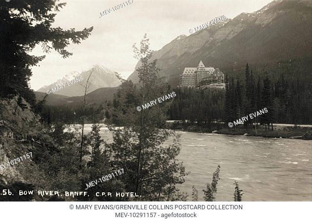 The Canadian Pacific Railway's Banff Springs Hotel at Banff, Alberta viewed from the Bow River, Canada