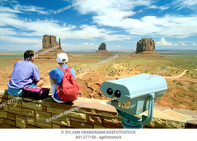 Visitors at entrance of Navajo park, Monument Valley. Utah. USA