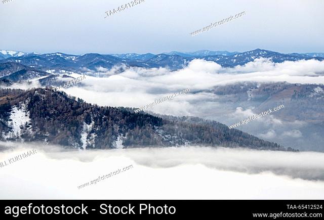 RUSSIA, ALTAI REPUBLIC - DECEMBER 2, 2023: A view of the Altai mountains from the Manzherok year-round ski resort located at the foot of Mount Malaya Sinyukha