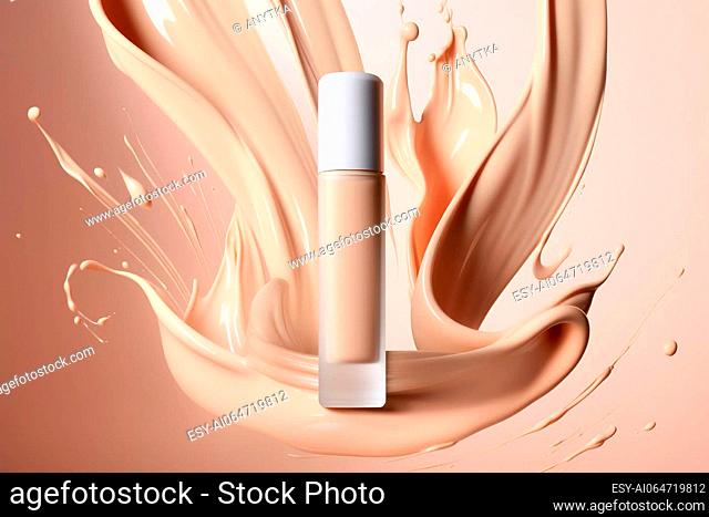 Bottle of makeup foundation and samples on beige background. Cosmetic product presentation. Luxury flying liquid in motion
