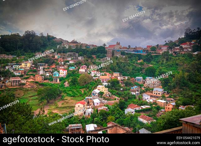 Aerial panoramic view to Fianarantsoa city at sunset in Madagascar