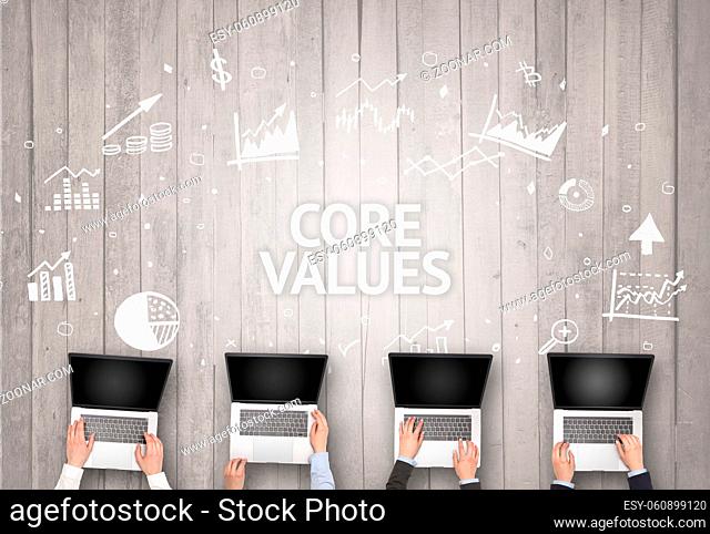 Group of Busy People Working in an Office with CORE VALUES inscription, succesfull business concept