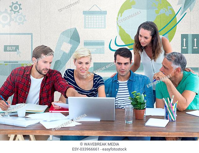 Group of people at desk in front of world business graphics