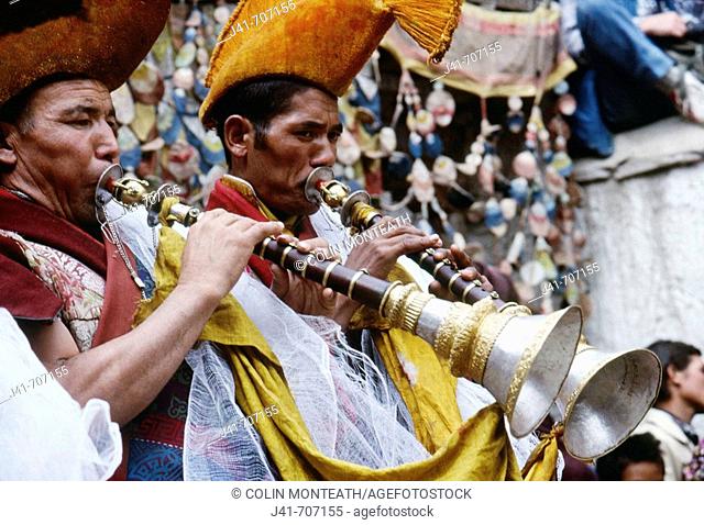 Trumpeters at harvest festival, Tikse Monastery, Ladakh, northwest India