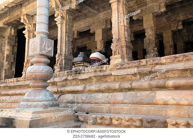 Flagpost and 100 pillar Maha-mandapa, Airavatesvara Temple, Darasuram, Tamil Nadu, India. View from North East
