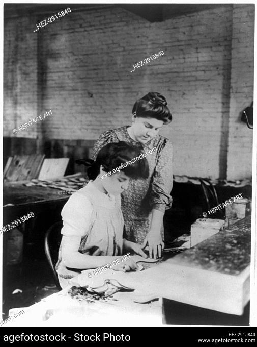 Miss Bessie Prince and Miss Ella Parrott working in a shoe factory, Lynn, Mass., (1895?). Creator: Frances Benjamin Johnston