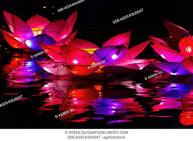 Night view of illuminated lotus flower lanterns at Lantern Festival, Taichung, Taiwan
