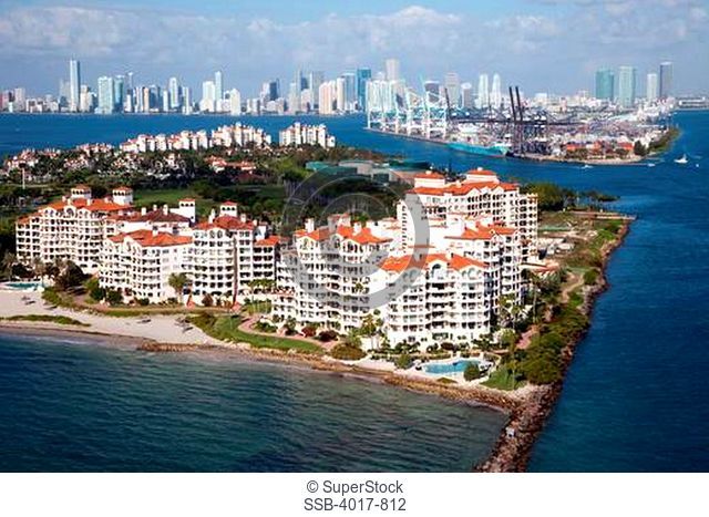 Aerial of Fisher Island and the Miami Skyline
