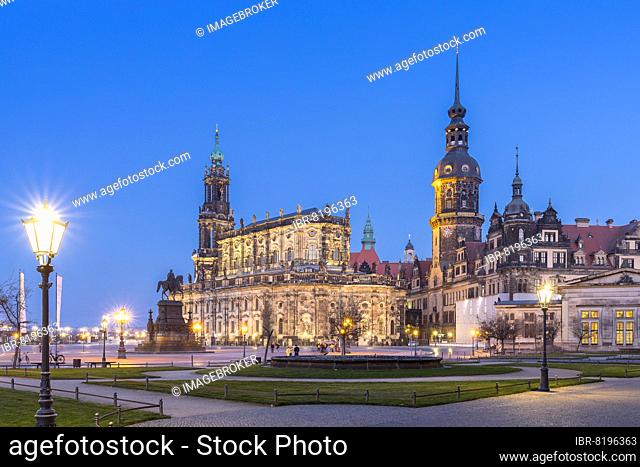 Court Church and Palace with Hausmannsturm, King John Monument on Theatre Square, twilight shot, Dresden, Saxony, Germany, Europe
