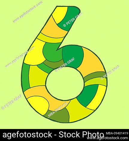 Numeral six, drawn as a vector illustration, in green-yellow shades on a light green background in pop art style