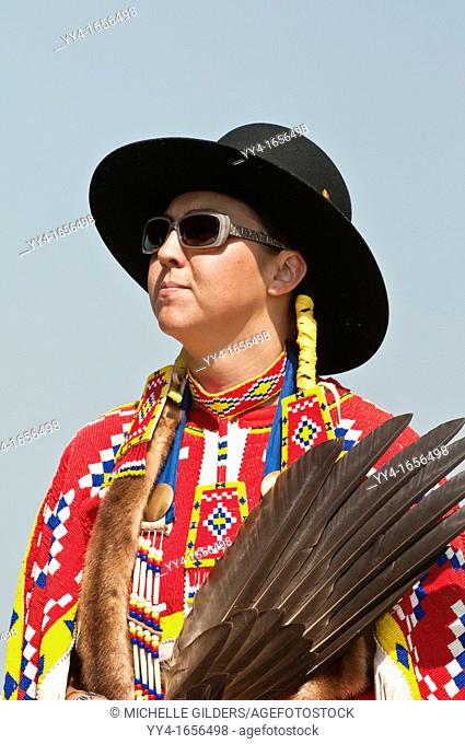 Female traditional dancer, Pow-wow, Blackfoot Crossing Historical Park, Alberta, Canada