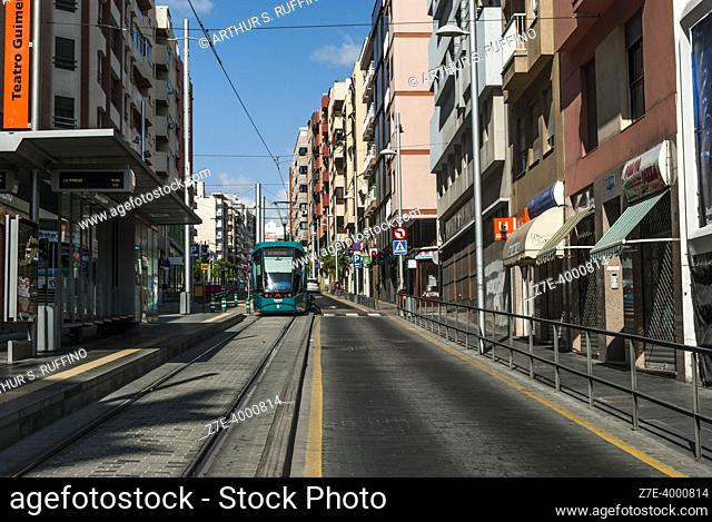 Trams in Santa Cruz. Public transportation. Santa Cruz de Tenerife, Canary Islands