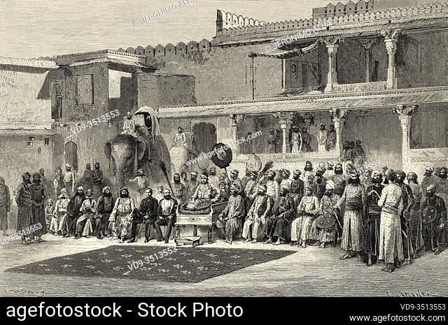 Great Durbar of the Maharaja Rajasthan, India. Old engraving illustration from El Mundo en la Mano 1878