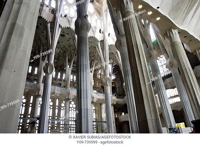 Columns of the Sagrada Familia temple by Gaudí, Barcelona. Catalonia, Spain