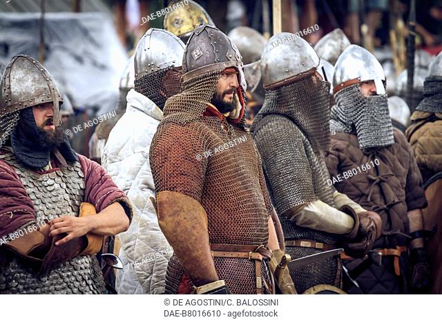 Warriors with helmets, chainmail and scale armour, Festival of Slavs and Vikings, Centre of Slavs and Vikings, Jomsborg-Vineta, Wolin island, Poland