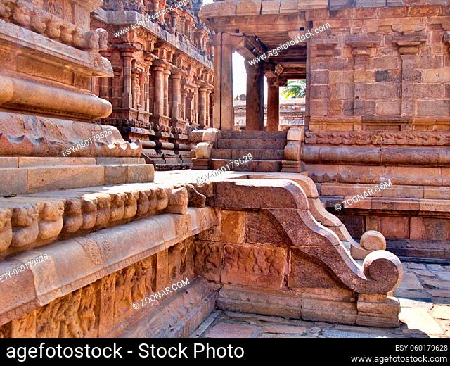 Ornate Steps and columns of Darasuram temple, Tamil Nadu, south India. High quality photo