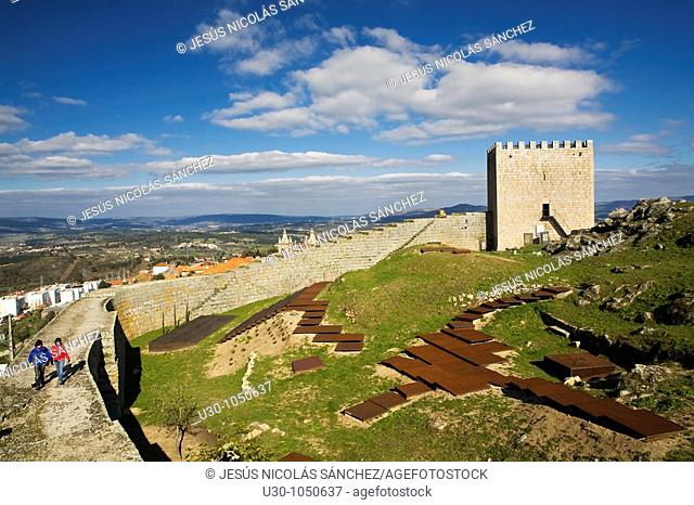 Tourist over the Castle walls of Celorico da Beira village, in Beira Alta  Guarda District  Portugal