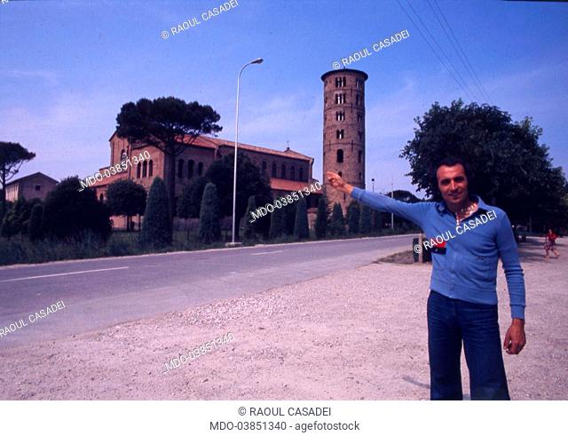 Italian musician Raoul Casadei poses in front of Basilica of Sant'Apollinare in Classe. Ravenna, 1975