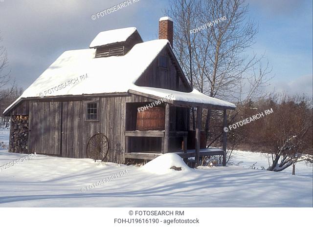 sugarhouse, maple syrup, winter, Peacham, VT, Vermont, Small snow-covered sugar shack in the winter in Peacham