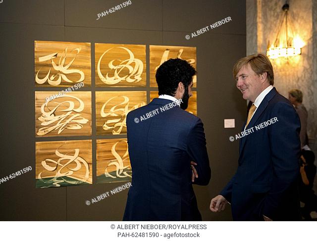 Dutch King Willem-Alexander attends the Vrije Schilderkunst 2015 award ceremony in the Royal Palace in Amsterdam with Rabi Koria