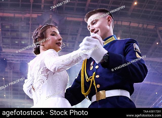 RUSSIA, MOSCOW - DECEMBER 16, 2023: Participants in the 8th International Charity Cadet Ball at the Gostiny Dvor exhibition centre