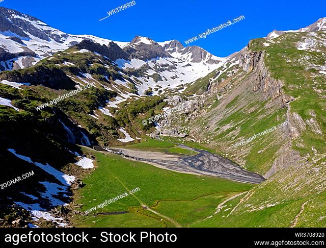 Geltenalp, Blick durch das Furggetäli Richtung Arpelistock, Berner Oberland, Kanton Bern, Schweiz / Alp Geltenalp, view along the Furggetäli valley to the...