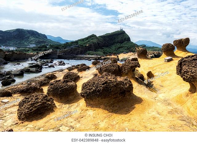 honeycomb and mushroom rocks in Yehliu geopark. Various sedementary rocks along the Northern coast of Taiwan