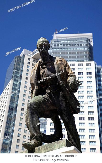 Statue of Luis Viale amidst modern high rise buildings in Puerto Madero, Buenos Aires, Argentina, South America