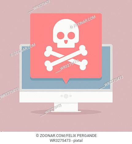 white skull with crossbones on the computer screen. cybercrime Concept of virus, piracy, hacking and security, eps10 vector