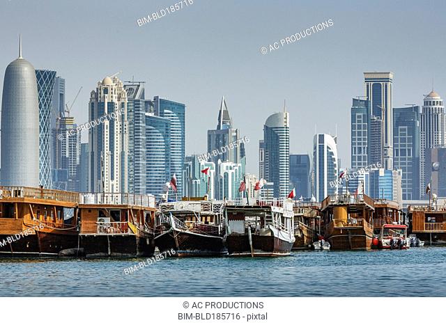 Boats docked in Doha harbor, Doha, Qatar