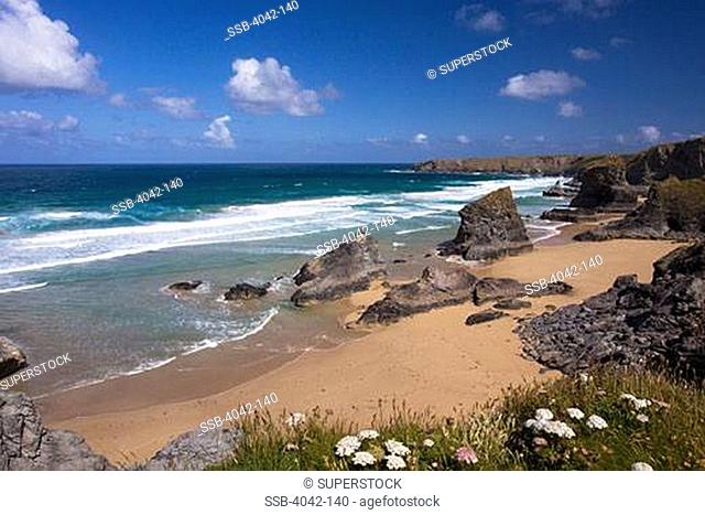 Rock formations at the coast, Cornish Riviera, Bedruthan Steps, Cornwall, England