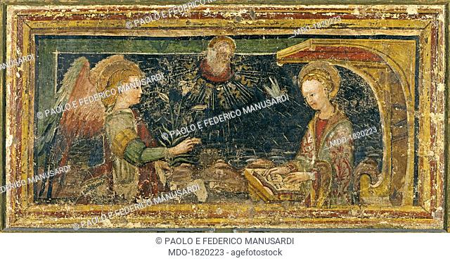 Annunciation, by Bonifacio Bembo, 1420 - 1480, 15th Century, torned fresco . Italy, Lombardy, Cremona, Civic Museum Ala Ponzone. Whole artwork view