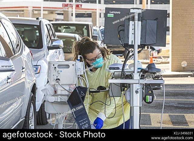 Royal Oak, Michigan USA - 17 March 2020 - Drive-though testing for the Covid-19 virus outside Beaumont Hospital