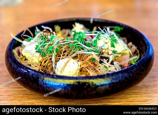 Typical swedish salad in bowl. Vegeterian food ready to eat