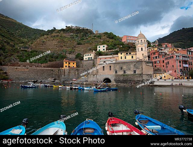 Fishing harbor with boats at the Village of Vernazza Riomaggiore, Cinque Terre, Liguria, Italy