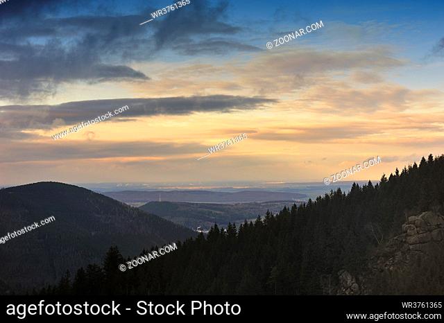 Weihnachten im Harz.Fogy sunset in Harz, the longest mountain range in the Upper Harz, Harz National Park, Lower Saxony, Germany