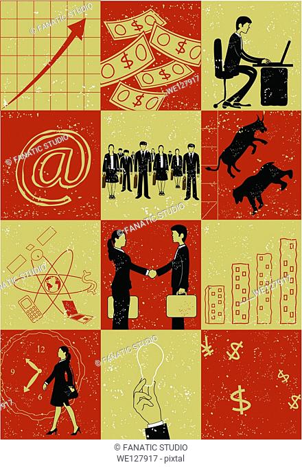 Illustration of collage with business people and signs representing business cycle