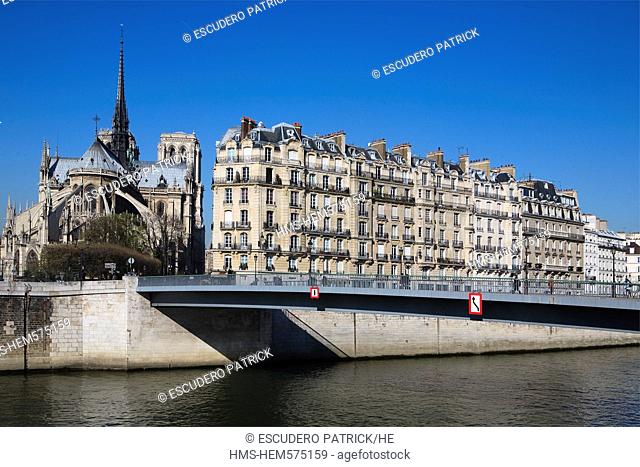 France, Paris, the Seine river banks listed as World Heritage by UNESCO and Notre Dame cathedral on St Louis island
